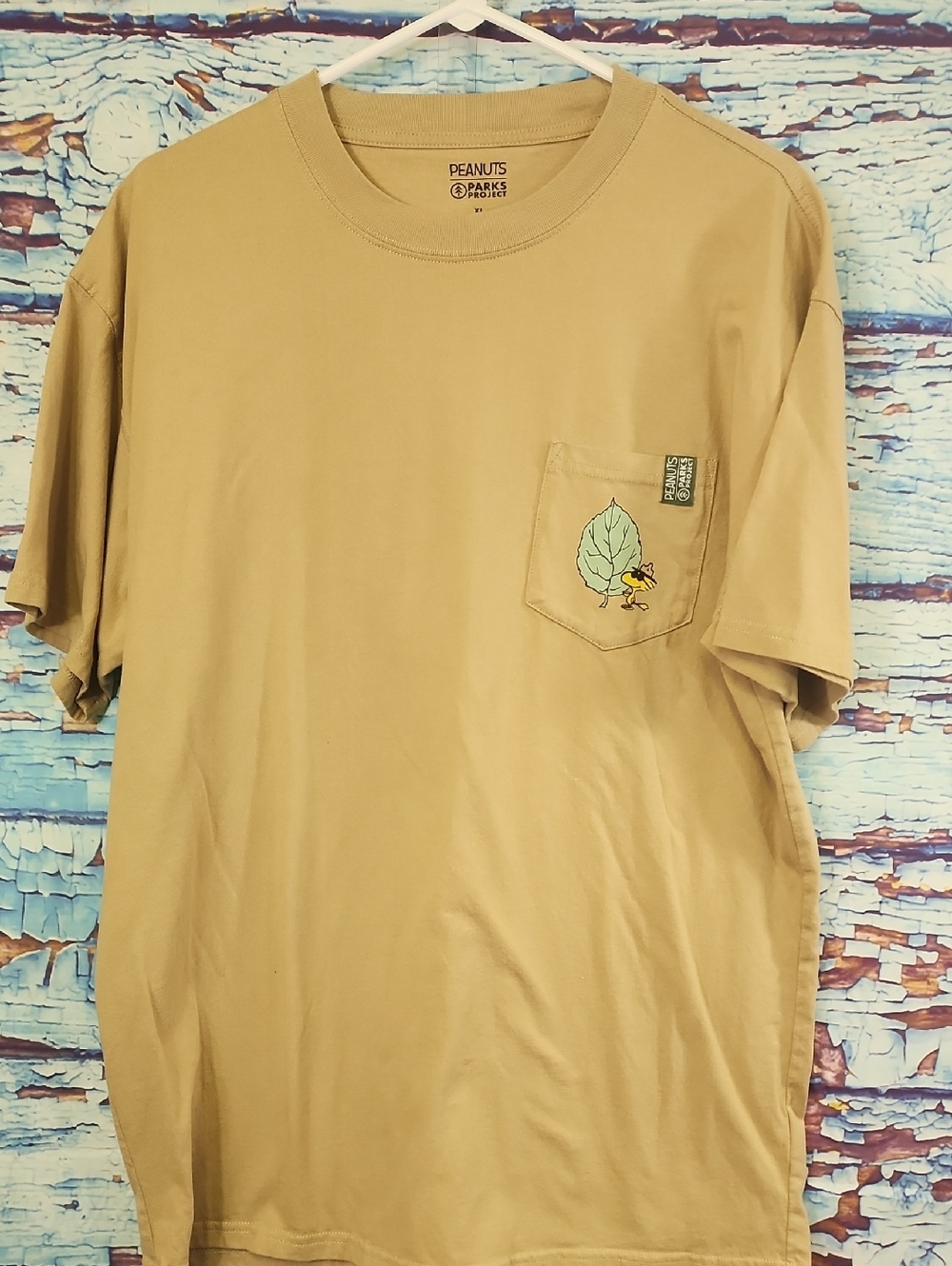 Parks Project Men’s Tan Pocket Tee with Leaf & Woodstock Graphic